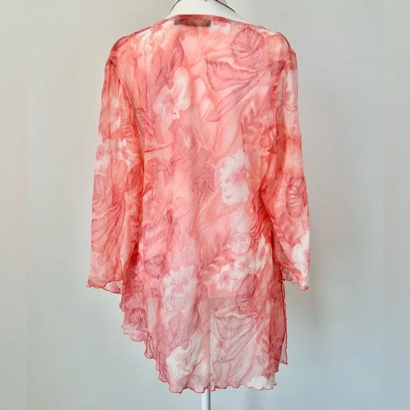 Vintage Picadilly Orange and Pink Floral Asymmetrical Sheer Blouse 3/4 Sleeves - Picture 14 of 15